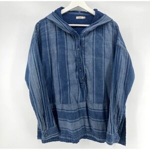 Faherty Gauzy Double Layer Pullover Hoodie Womens Medium Blue Strip